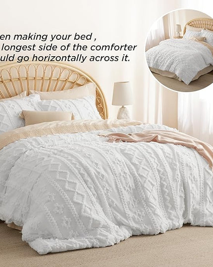 Bedsure Tufted Boho Comforter Set King - White Boho Bedding Comforter Set, 3 Pieces Farmhouse Shabby Chic Embroidery Bed Set, Soft Jacquard Comforter for All Seasons - LeafyLoom