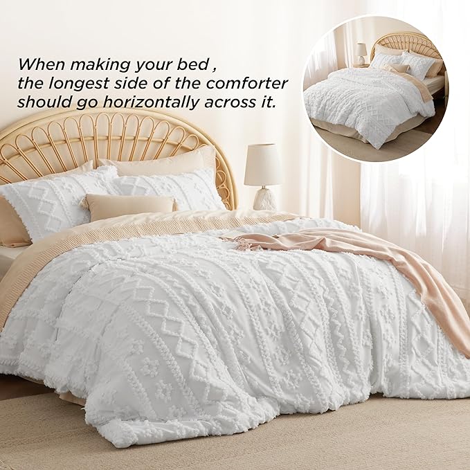 Bedsure Tufted Boho Comforter Set King - White Boho Bedding Comforter Set, 3 Pieces Farmhouse Shabby Chic Embroidery Bed Set, Soft Jacquard Comforter for All Seasons - LeafyLoom