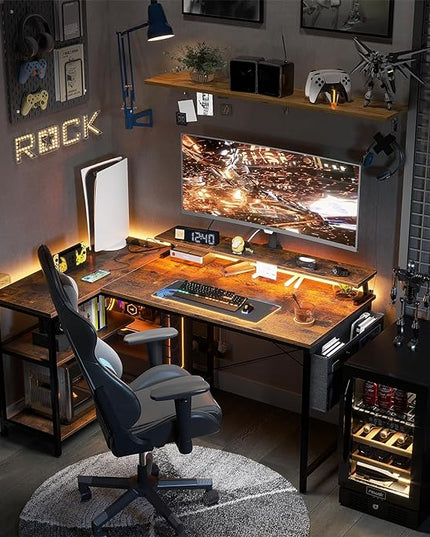 ODK 48 Inch Gaming Desk with USB Charging Ports and LED Lights, Reversible L Shaped Computer Desk with Storage Shelves & Monitor Stand, Corner Home Office Desk Table with Power Outlets, Vintage - LeafyLoom