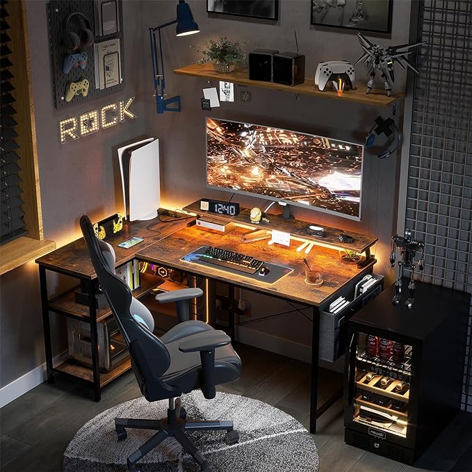 ODK 48 Inch Gaming Desk with USB Charging Ports and LED Lights, Reversible L Shaped Computer Desk with Storage Shelves & Monitor Stand, Corner Home Office Desk Table with Power Outlets, Vintage - LeafyLoom