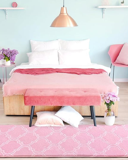 Chicrug Shag Geometric Modern Runner Rug for Bedroom, 2x6 Feet Memory Foam Indoor Hallway Runner Carpet, Fluffy Rug for Living Room Bedside Room Decor for Family, Pink/White - LeafyLoom