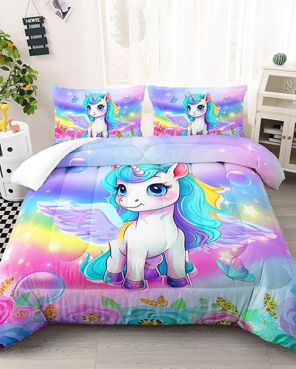 Kid Unicorn Comforter Set Full Size 3Pcs Butterfly Rainbow Flower Star Pattern Quilt Bedding Set for Boys Girls with 1 Comforter and 2 Pillowcases - LeafyLoom