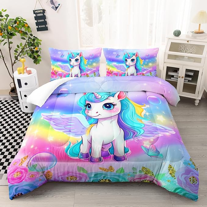 Kid Unicorn Comforter Set Twin/Full/Queen Size 3Pcs Butterfly Rainbow Flower Star Pattern Quilt Bedding Set for Boys Girls with 1 Comforter and 2 Pillowcases - LeafyLoom