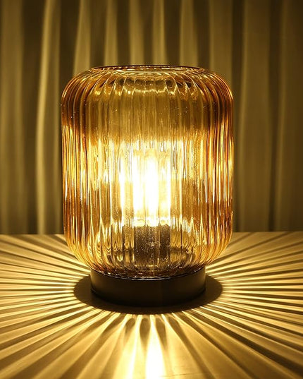 Battery Operated Lamp, Cordless Table Lamps for Home Decor, Battery Powered Nightlight with LED Bulb, Decorative Glass Beside Lamp for Bedroom Living Room-Gold - LeafyLoom