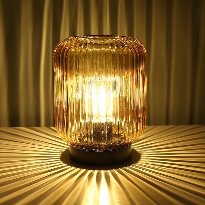Battery Operated Lamp, Cordless Table Lamps for Home Decor, Battery Powered Nightlight with LED Bulb, Decorative Glass Beside Lamp for Bedroom Living Room-Gold - LeafyLoom