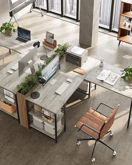 Bestier L Shaped Desk, 95.2 Inch Reversible Corner Computer Desk with Shelves, 2 Person Long Table for Home Office, Large Writing Storage Workstation with 3 Cable Holes, Rustic Brown, Grey Oak - LeafyLoom