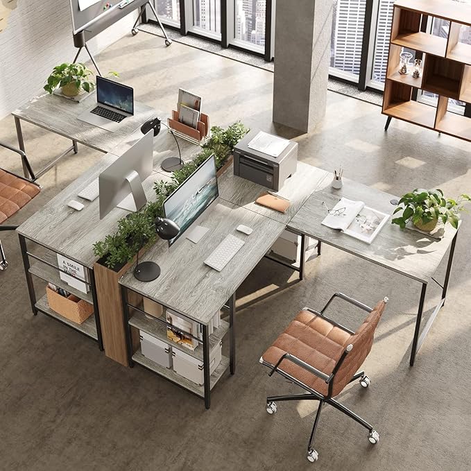 Bestier L Shaped Desk, 95.2 Inch Reversible Corner Computer Desk with Shelves, 2 Person Long Table for Home Office, Large Writing Storage Workstation with 3 Cable Holes, Rustic Brown, Grey Oak - LeafyLoom