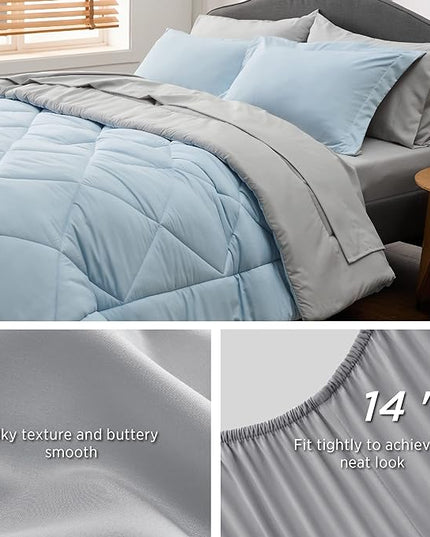 Bedsure Sky Blue King Size Comforter Set - 7 Pieces Reversible King Bed in a Bag King Bed Set with Comforters, Sheets, Pillowcases & Shams, King Bedding Sets - LeafyLoom