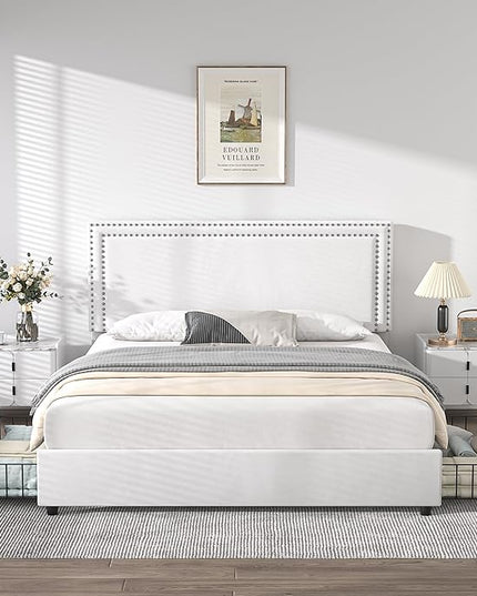 VECELO Queen Size Upholstered Platform Bed Frame with 4 Storage Drawers, Adjustable Velvet Rivets Headboard, Wooden Slats Support, No Box Spring Needed, Easy Assembly - LeafyLoom