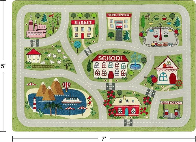 LIVEBOX Green Kids Playroom Rug, 5'x7' Washable Road Rug for Kids Room, Non-Slip Soft Car Rug Play Mat for Baby Nursery, Large City Traffic Rug Classroom for Boys Girls Dorm Toy Room Tent - LeafyLoom