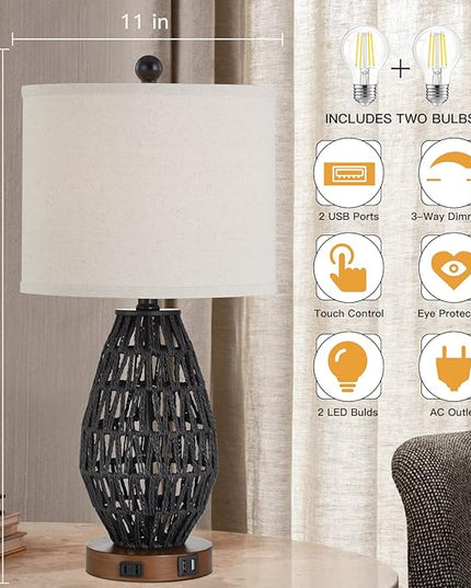 Touch Control Rattan Table Lamps, 3 Way Dimmable Bedside Lamps for Bedroom Set of 2 with 2 USB Ports and AC Outlet, Black Wicker Nightstand Lamps for Living Room (LED Bulbs Included) - LeafyLoom