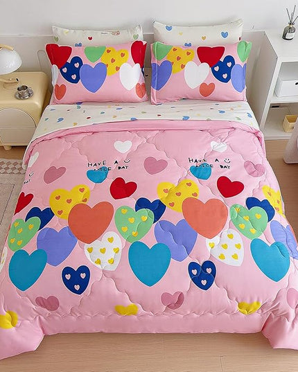 7 Piece Kids Pink Heart Bedding Sets Full Comforter Set with Sheets - Colourful Reversible Heart Shaped Cute Bedding for Girls Kids - Love Quilt Bed in a Bag All Season - LeafyLoom