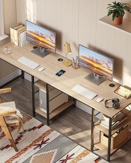 Bestier L Shaped Desk with Shelves 86.6 Inch Reversible Corner Computer Desk or 2 Person Long Table for Home Office Large Gaming Writing Storage Workstation P2 Board with 3 Cable Holes, Oak - LeafyLoom