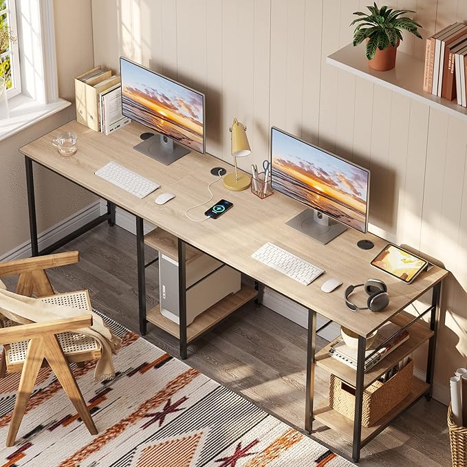 Bestier L Shaped Desk with Shelves 86.6 Inch Reversible Corner Computer Desk or 2 Person Long Table for Home Office Large Gaming Writing Storage Workstation P2 Board with 3 Cable Holes, Oak - LeafyLoom