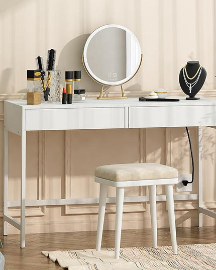 Treocho Computer Desk with USB Charging Ports and Power Outlets, Modern Simple 47 inch White Desk with 2 Drawers, Vanity Desk, Makeup Table for Home Office, Bedroom - LeafyLoom