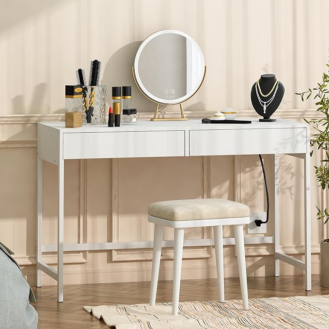 Treocho Computer Desk with USB Charging Ports and Power Outlets, Modern Simple 47 inch White Desk with 2 Drawers, Vanity Desk, Makeup Table for Home Office, Bedroom - LeafyLoom