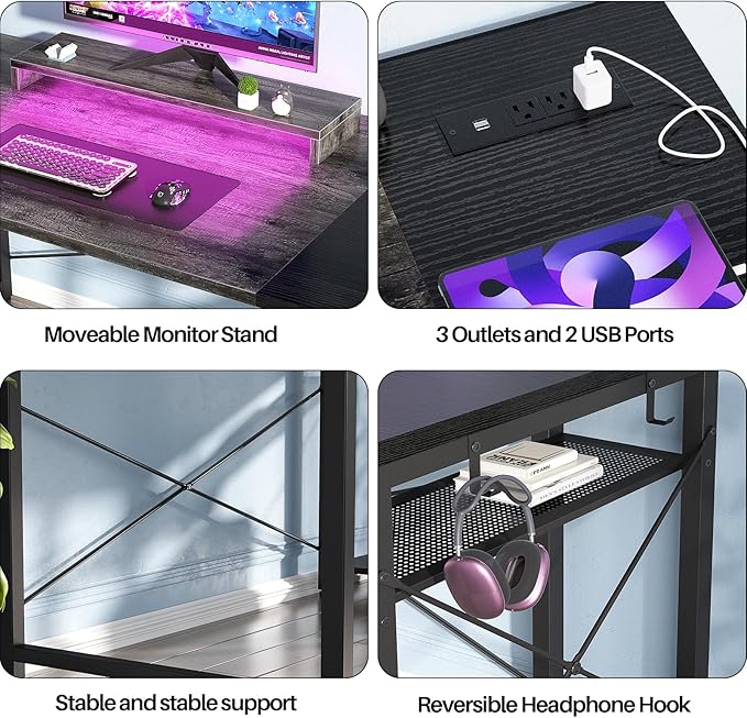 39.4'' Gaming Desk with LED, 39 Computer Desk with Outlets, Small Desk for Small Space, Simple Study Student Writing Desk with Monitor Stand, Laptop Table for Home Office, Grey and Black - LeafyLoom