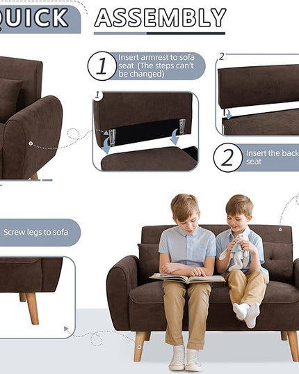 Shintenchi 47" Loveseat Wood Sofa, Brown, Easy Assembly, Comfortable Cushions - LeafyLoom