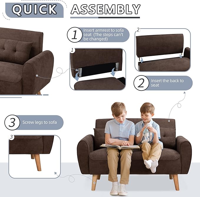 Shintenchi 47" Loveseat Wood Sofa, Brown, Easy Assembly, Comfortable Cushions - LeafyLoom