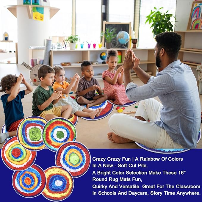 HiiARug Kids Crazy Carpet Circle Seats 6pcs 16" Round Carpet Circles Soft Non Slip Classroom Floor Seating Washable Carpet Spots for Classroom Pre-School Classroom Accessories - LeafyLoom