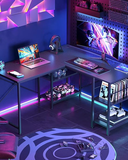 Bestier L Shaped Desk with Shelves 86 Inch Reversible Corner Computer Desk or 2 Person Long Table for Home Office Large Gaming Writing Storage Workstation P2 Board with 3 Cable Holes, Carbon Fiber - LeafyLoom