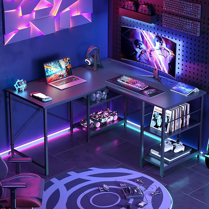 Bestier L Shaped Desk with Shelves 86 Inch Reversible Corner Computer Desk or 2 Person Long Table for Home Office Large Gaming Writing Storage Workstation P2 Board with 3 Cable Holes, Carbon Fiber - LeafyLoom