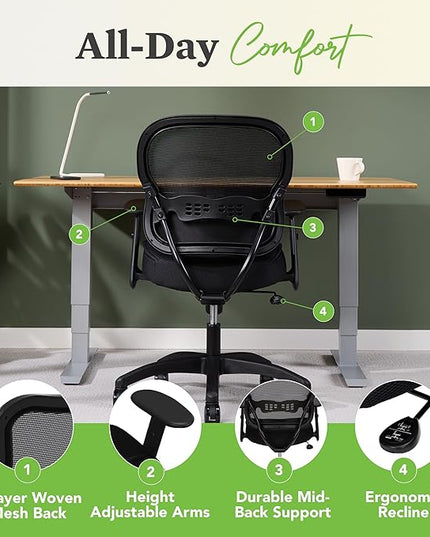 HON Wave Home Office Desk Chair - Office Chair Ergonomic Desk Chair - Ergonomic Mesh Office Chair, Mid Back, Adjustable Arms, Lumbar Support, Synchro-Tilt, Cushion, 360 Swivel Wheels - LeafyLoom