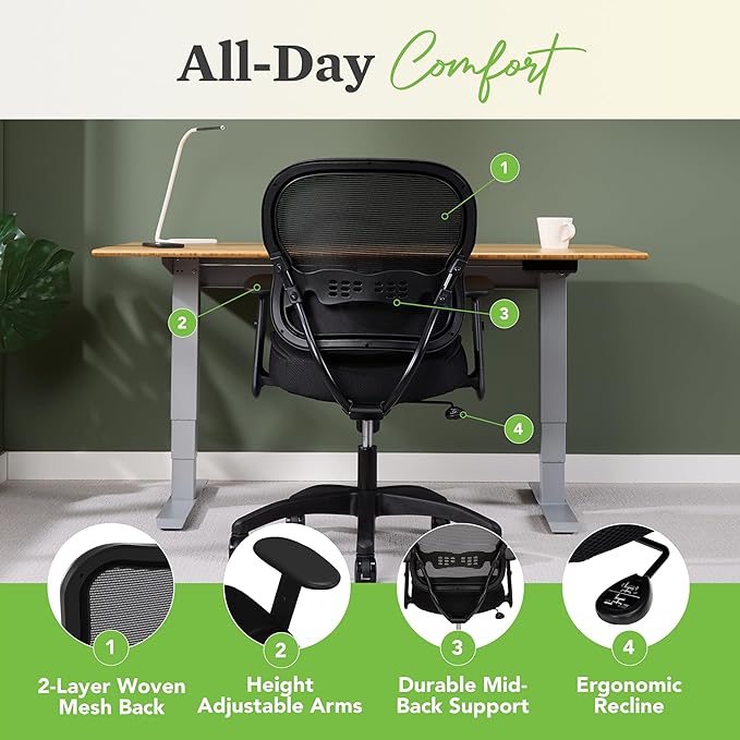HON Wave Home Office Desk Chair - Office Chair Ergonomic Desk Chair - Ergonomic Mesh Office Chair, Mid Back, Adjustable Arms, Lumbar Support, Synchro-Tilt, Cushion, 360 Swivel Wheels - LeafyLoom