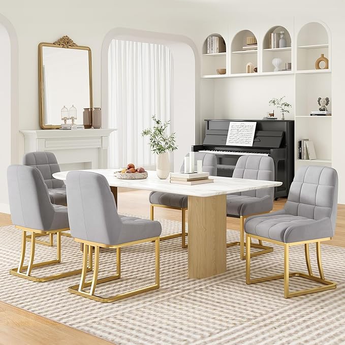 STARY Upholstered Velvet Armless Dining Room Chairs with Gold Metal Legs for Kitchen Restaurant, Gray- Set of 2 - LeafyLoom