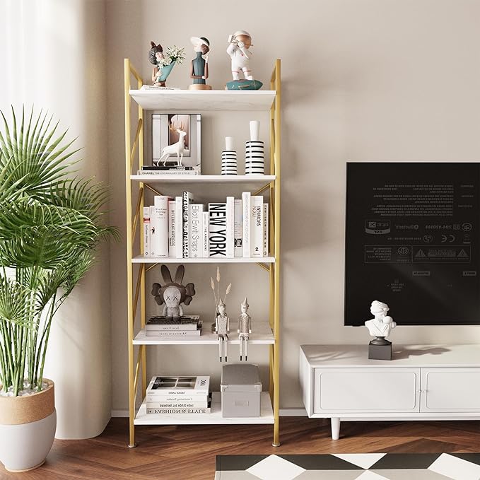 5 Tiers Bookshelf Tall Bookcase Shelf Storage Organizer Industrial Open Shelving Wood Large Modern Bookshelf for Living Room/Bedroom/Home/Office, White - LeafyLoom
