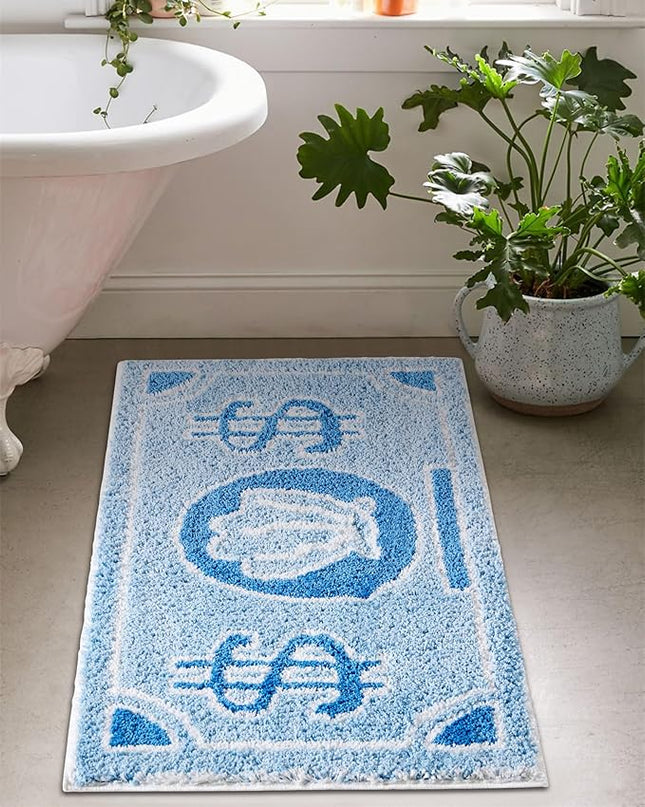 RoomTalks Coastal Beach Bathroom Rugs Non Slip Light Blue Turquoise Cute Bath Mat Washable, Cartoon Money Tufted Rug Boho Funky Aesthetic Cool 2x3 Small Throw Rugs for Bedroom Kitchen Living Room - LeafyLoom
