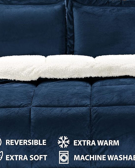 Cathay Home King Comforter Set: Ultra Soft and Plush Reversible Micromink and Sherpa 3-Piece Bedding Set, Navy, King (102" x 90") - LeafyLoom