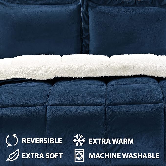 Cathay Home King Comforter Set: Ultra Soft and Plush Reversible Micromink and Sherpa 3-Piece Bedding Set, Navy, King (102" x 90") - LeafyLoom
