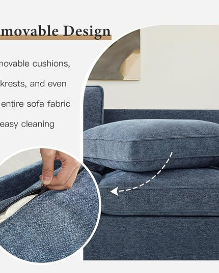 EASELAND Sofa Couch, 88" Chenille Loveseat for Living Room, 3 Seater Lounge Sofa for Bedroom with Removable Back and Seat Cushions, Modern Deep Seat Comfy Couch with Solid Wood Legs and Armrest (Blue) - LeafyLoom
