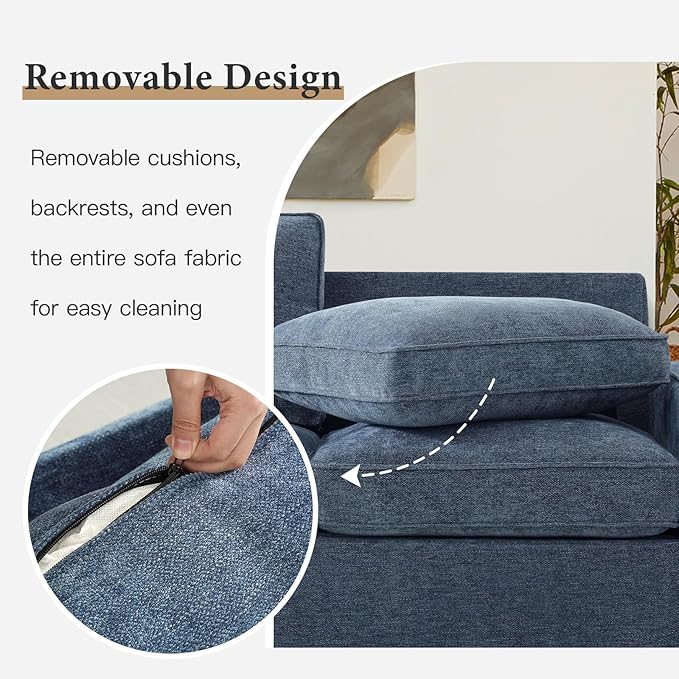 EASELAND Sofa Couch, 88" Chenille Loveseat for Living Room, 3 Seater Lounge Sofa for Bedroom with Removable Back and Seat Cushions, Modern Deep Seat Comfy Couch with Solid Wood Legs and Armrest (Blue) - LeafyLoom