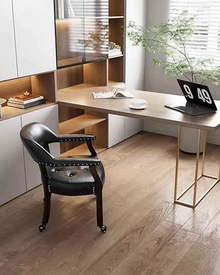 Large Dining Chairs with Casters and Arms, Rolling Dining Chairs with Wheels, Accent Game Poker Chairs, Boss Caption's Chairs, 26" D x 25.2" W x 31.5" H, Espresso Legs & Black PU, SY-318-BK - LeafyLoom