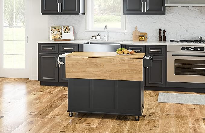 Homestyles Dolly Madison Kitchen Cart with Wood Top and Drop Leaf Breakfast Bar, Rolling Mobile Kitchen Island with Storage and Towel Rack, 54 Inch Width, Black - LeafyLoom
