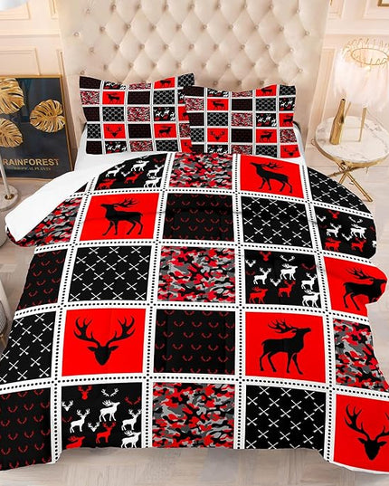Tailor Shop Deer Comforter Sets for Kids Boys Teens Camo Comforter Sets King Red and Black Bedding Set Room Decor with 2 Pillowcase - LeafyLoom