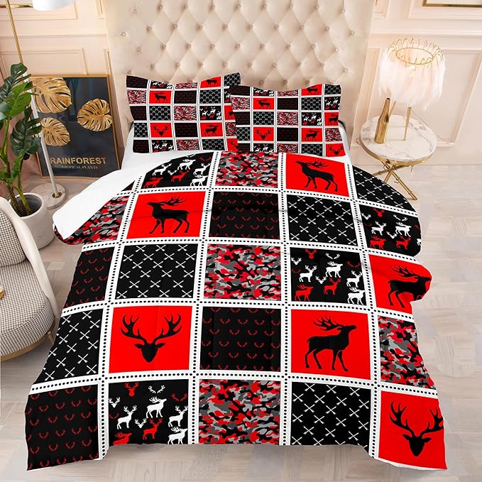 Tailor Shop Deer Comforter Sets for Kids Boys Teens Camo Comforter Sets Twin Size Black and Red Bedding Set Room Decor, Deer Antlers Bed Sets with 1 Pillowcase… - LeafyLoom