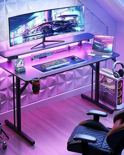 MOTPK Small Gaming Desk with LED Lights & Power Outlets, 39 Inch Computer Desk Gaming Table with Monitor Shelf, Gamer Desk with Carbon Fiber Texture, Kids Boys Desk Gift for Men - LeafyLoom