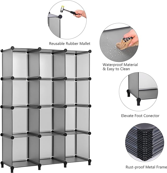 ANWBROAD Cube Storage Organizer 12-cube DIY Modular Closet Organizer Plastic Bookshelf Bookcase Storage Shelves Units Rubber Hammer for Bedroom Office Living Room ULCS012H - LeafyLoom