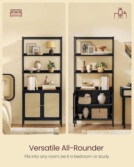 VASAGLE 6-Tier Bookcase, Bookshelf with Rattan-Like Door, Boho Style, Freestanding 30.1-Inch Wide Storage Shelf, Metal Frame, Adjustable Shelf, for Living Room, Ebony Black and Matte Black ULLS124B56 - LeafyLoom