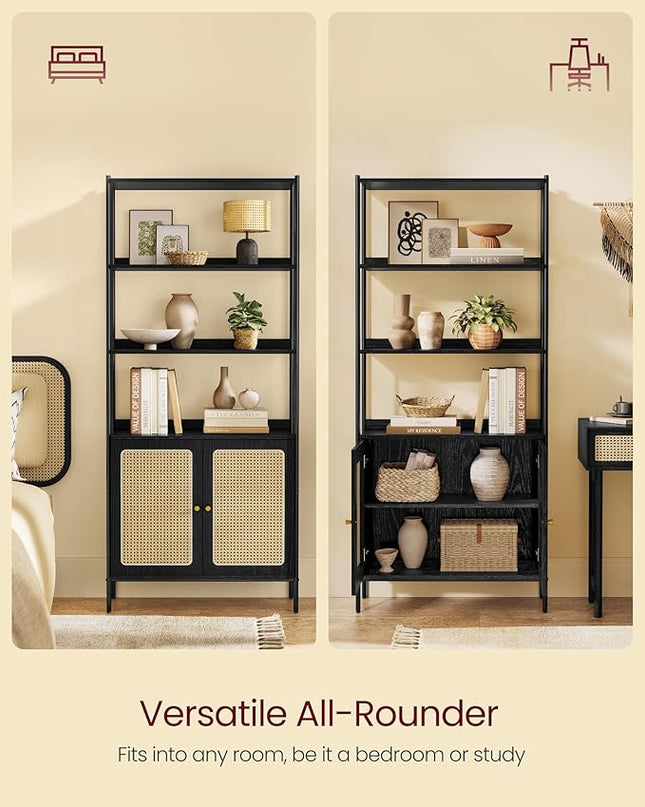 VASAGLE 6-Tier Bookcase, Bookshelf with Rattan-Like Door, Boho Style, Freestanding 30.1-Inch Wide Storage Shelf, Metal Frame, Adjustable Shelf, for Living Room, Ebony Black and Matte Black ULLS124B56 - LeafyLoom
