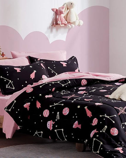 SLEEP ZONE Kids Bedding Comforter Set Full/Queen Size - Super Cute & Soft Kids Bedding 7 Pieces Set with Comforter, Sheet, Pillowcase & Sham (Pink Galaxy) - LeafyLoom