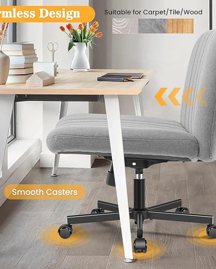 Armless Office Chair with Wheels, Ergonomic Wide Seat Fabric Cross Legged Desk Chair, Swivel Computer Chair for Home Office, Modern Vanity Chair Light Gray - LeafyLoom