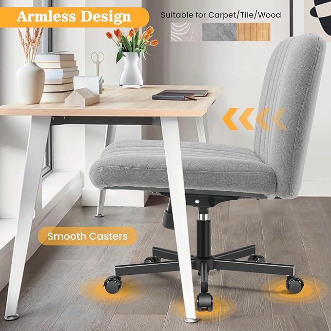 Armless Office Chair with Wheels, Ergonomic Wide Seat Fabric Cross Legged Desk Chair, Swivel Computer Chair for Home Office, Modern Vanity Chair Light Gray - LeafyLoom