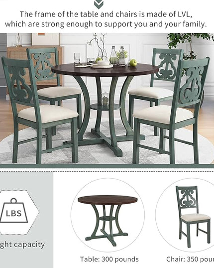 5-Piece Round Dining Set, Include Solid Wood Table with Storage Shelf, Special-shaped Legs and an Exquisitely Designed Upholstered Chair for Diningroom, Living Room, Kitchen, Antique Blue - LeafyLoom
