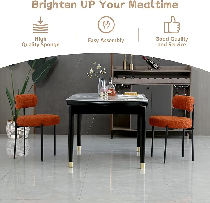 Orange Dining Chairs Set of 4 Round Upholstered Boucle Dining Room Chairs Mid-Century Modern Kitchen Chairs Curved Backrest Chairs for Dining Room Black Metal Legs - LeafyLoom