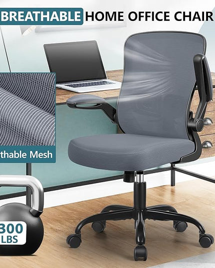MINLOVE Office Chair Ergonomic Desk Chair with Adjustable Lumbar Support and Height, 90° Flip-up Armrests, Ergo Desk Chairs with Wheels, 360° Swivel Mesh Chair, Home Work Use (Dark Gray) - LeafyLoom