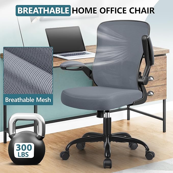 MINLOVE Office Chair Ergonomic Desk Chair with Adjustable Lumbar Support and Height, 90° Flip-up Armrests, Ergo Desk Chairs with Wheels, 360° Swivel Mesh Chair, Home Work Use (Dark Gray) - LeafyLoom